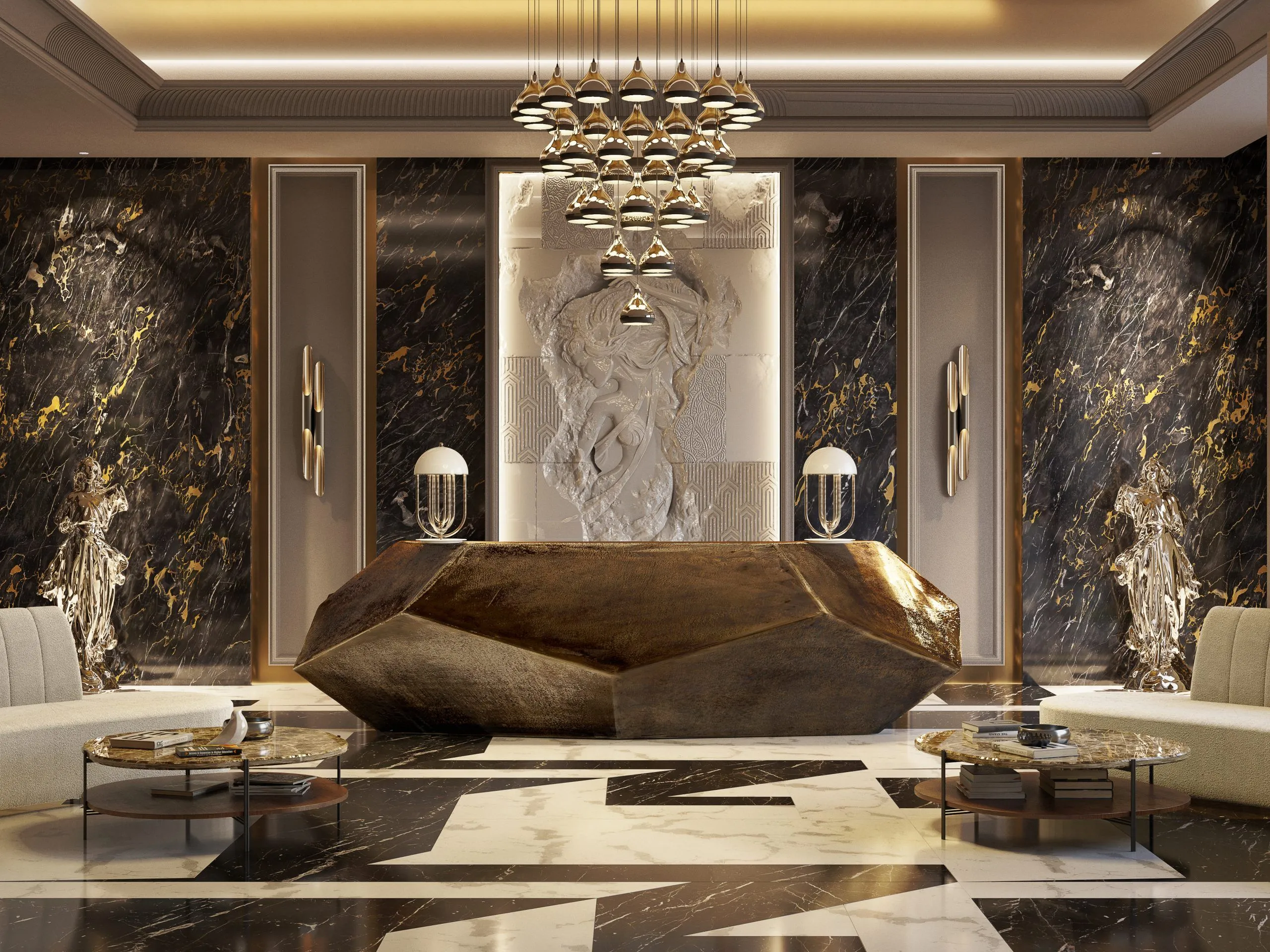Marble-floored entrance foyer of a Bengaluru residence designed by Neelachandra Interiors, with a stone console and tall mirror