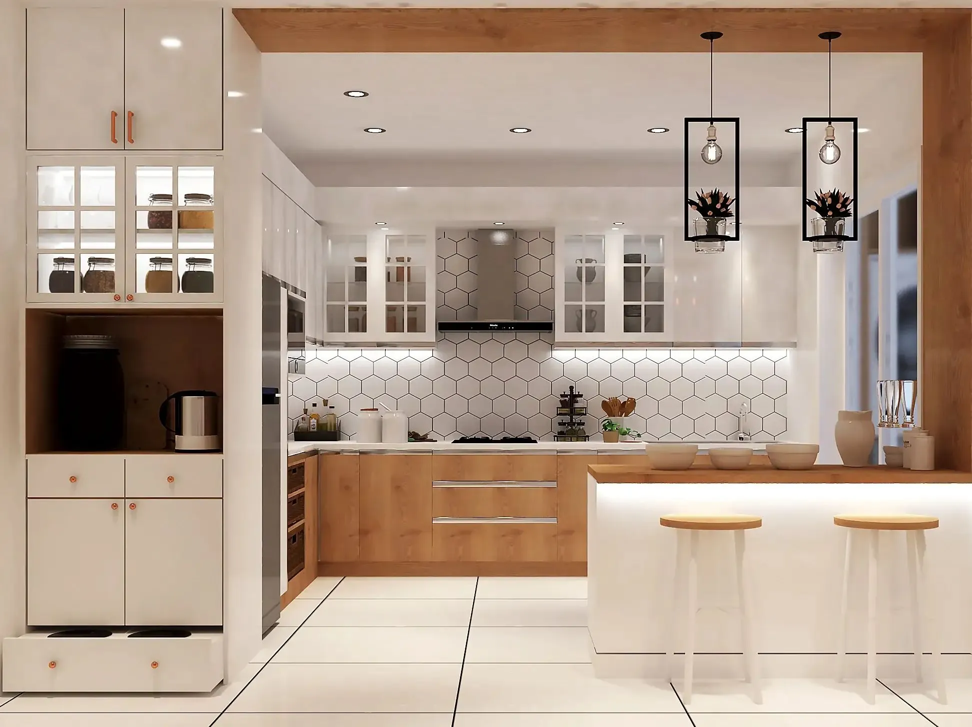 Handleless modular kitchen in a Koramangala Bengaluru home with matte cabinetry, a quartz-topped island and integrated built-in appliances